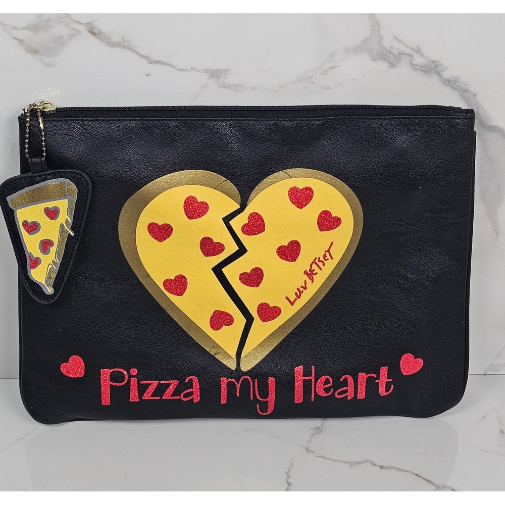 Betsey Johnson Pizza My Heart Blck Clutch Cosmetic/Satchel Bag Charm Pizza Slice